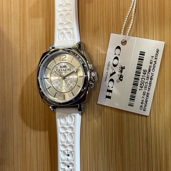 Coach Boyfriend Watch With 34mm Silver Face & White Silicone Band. - Picture 6 of 7
